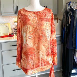 Tesori Blouse Lined Sheer Flare Sleeves with Banded Bottom Ties Size 1X NWOT